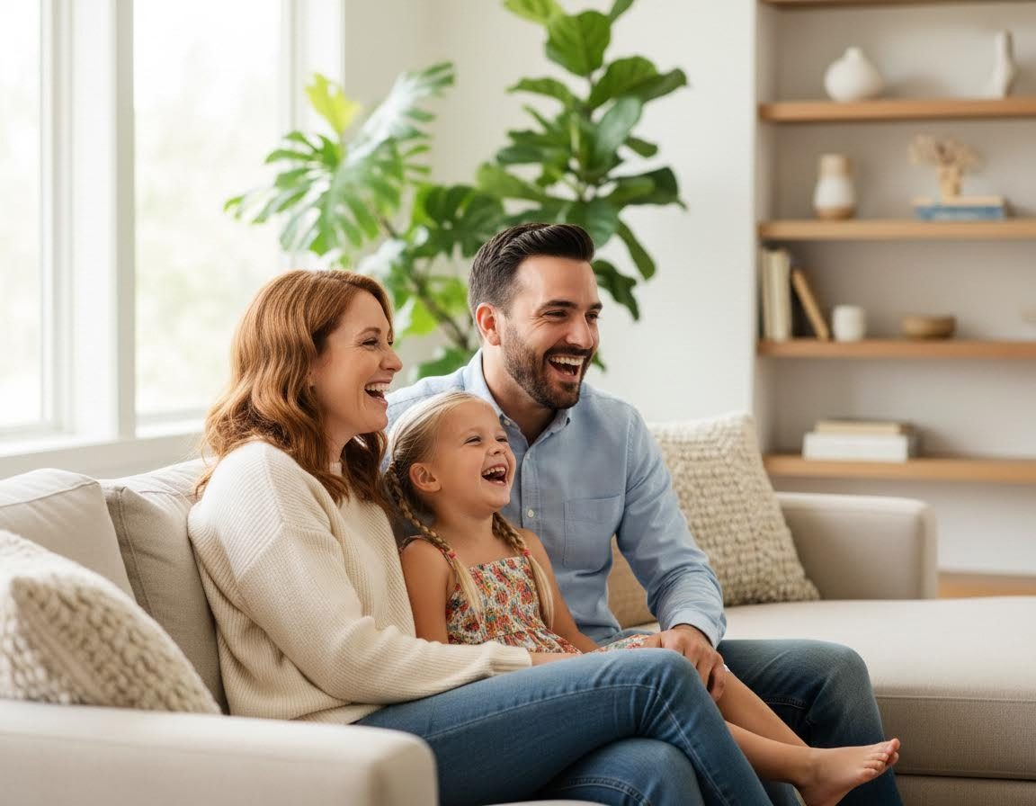 Une famille rit ensemble sur un canapé