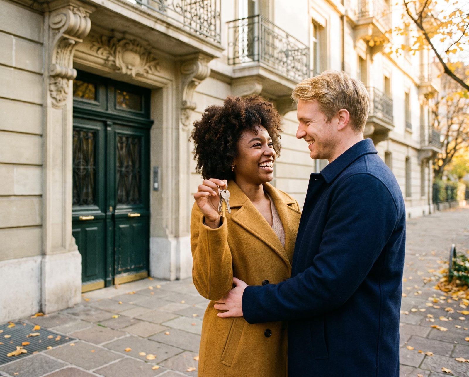 Un jeune couple montre les clés de son nouvel appartement devant un immeuble genevois