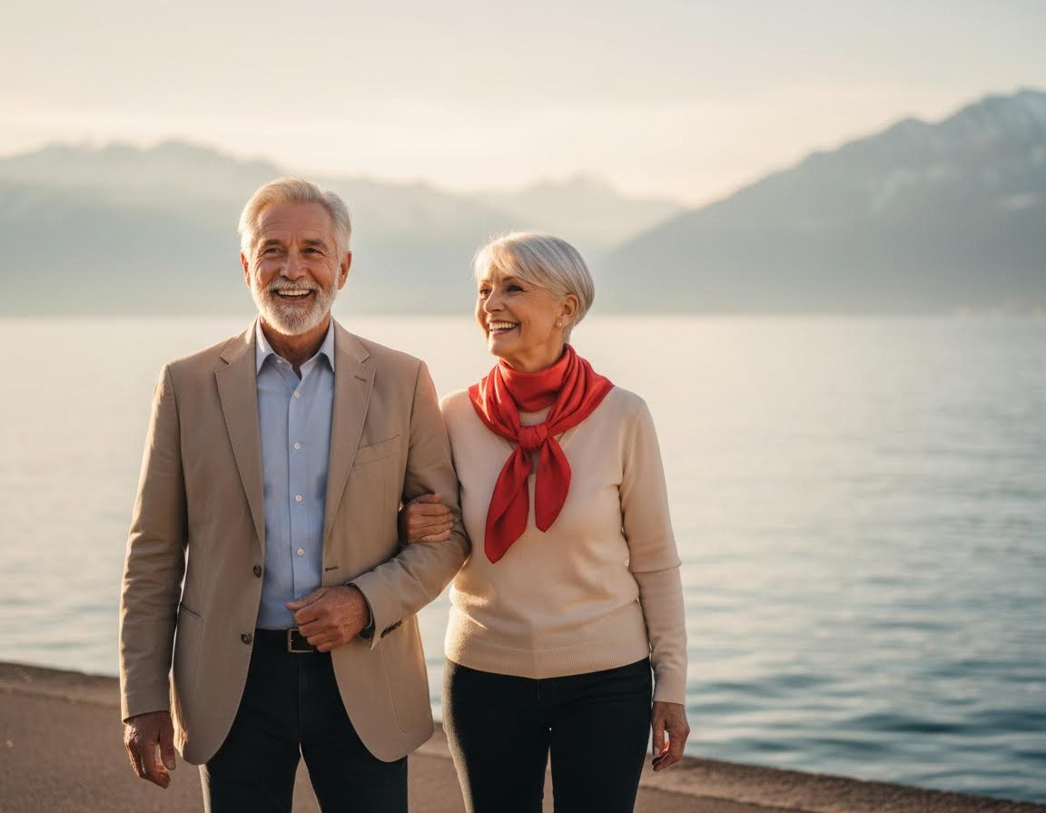 Un couple de retraités se promène au bord du lac Léman
