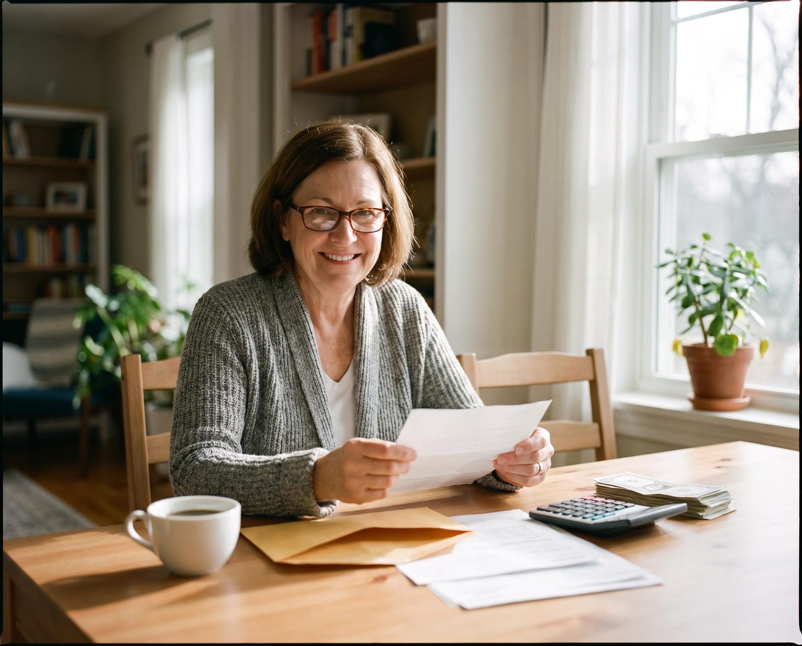 Une femme lit avec soulagement un courrier à sa table